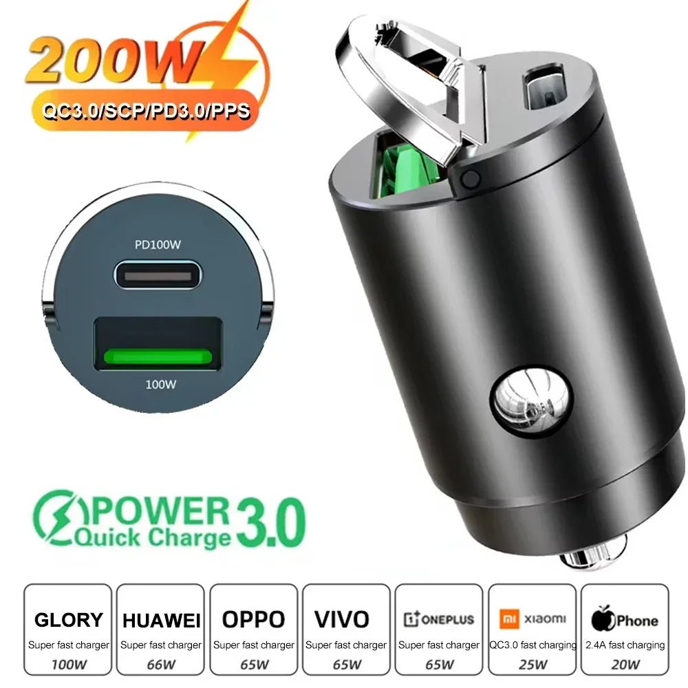 200W Dual USB Car Charger Mini Fast Charging Adapter for 12–24V Cigarette Lighter - Sales Gear Tech