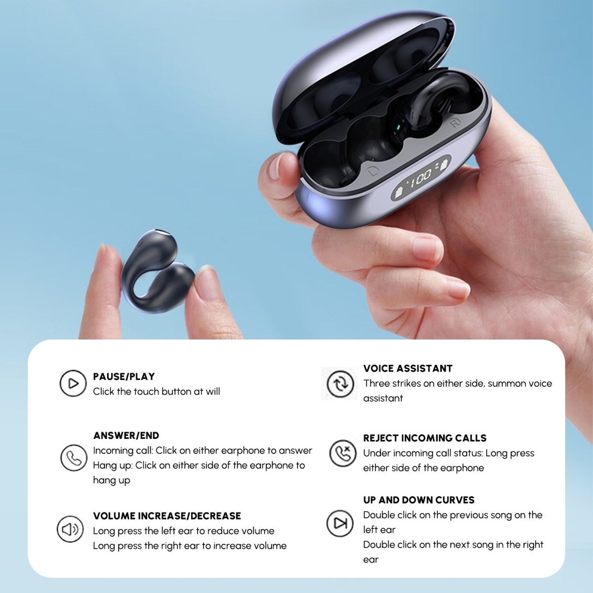 5.3 Bluetooth Open Ear Clip Wireless Earbuds with Earhooks & Digital - Sales Gear Tech