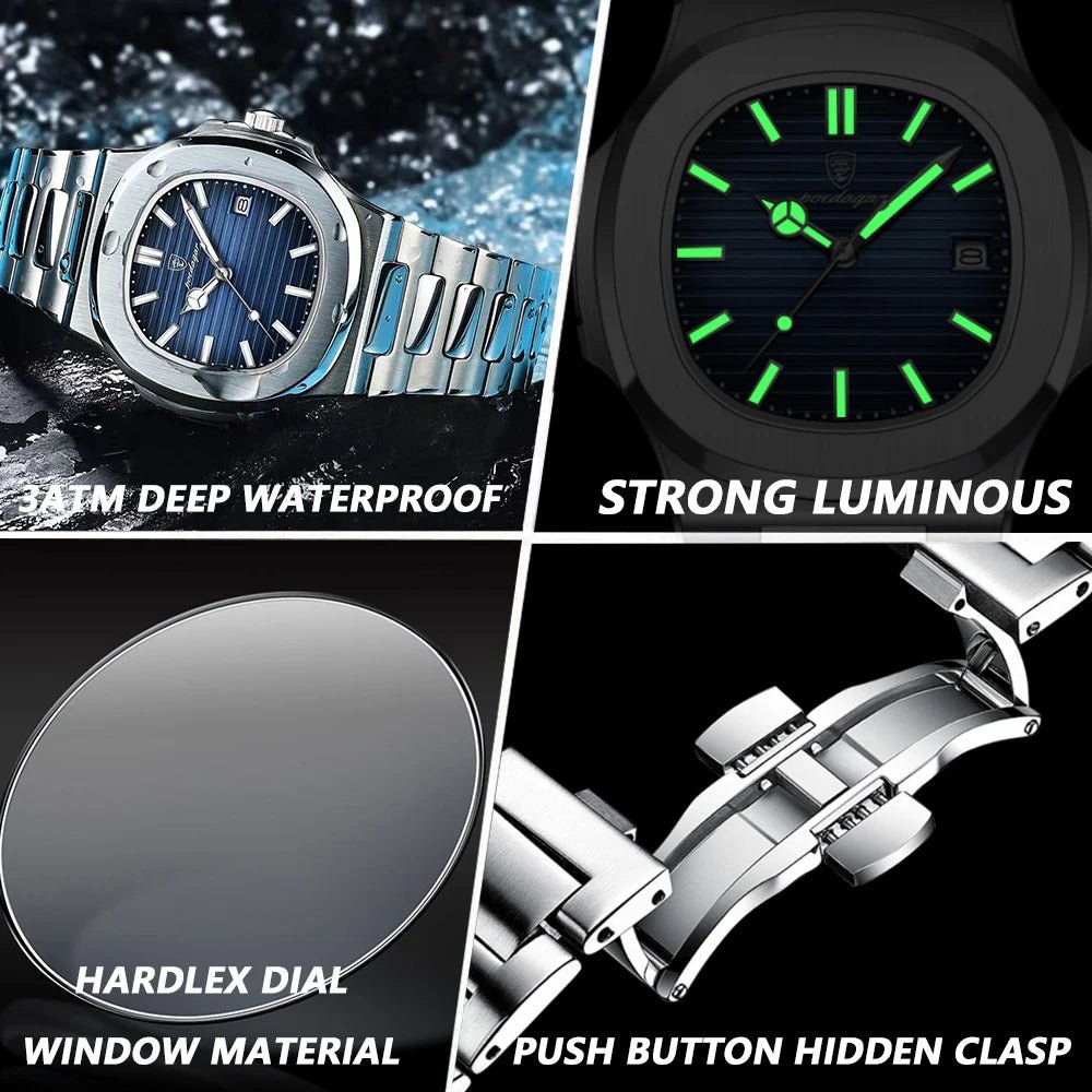 POEDAGAR Square Men's Luxury Watch. Stainless Steel, Waterproof, Luminous, Quartz - Sales Gear Tech