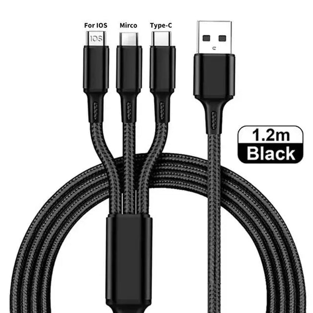 3 - in - 1 USB Fast Charging Cable Type - C, Micro, iOS Nylon Braided Cord for iPhone, Samsung, Huawei - Sales Gear Tech