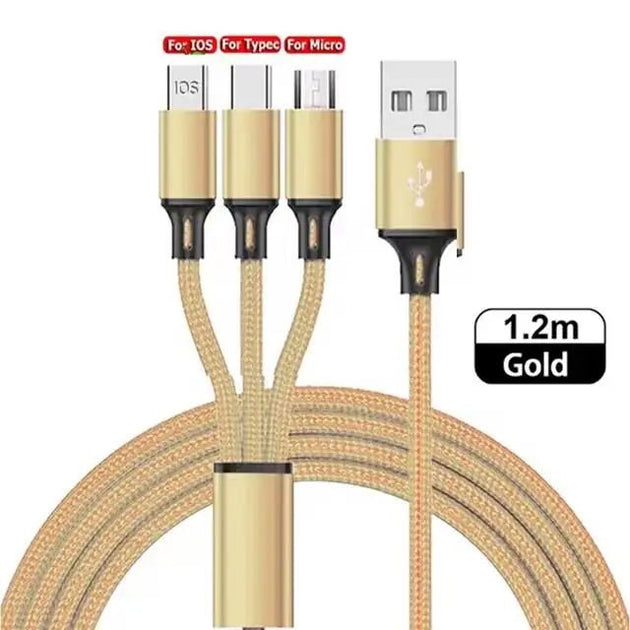 3 - in - 1 USB Fast Charging Cable Type - C, Micro, iOS Nylon Braided Cord for iPhone, Samsung, Huawei - Sales Gear Tech