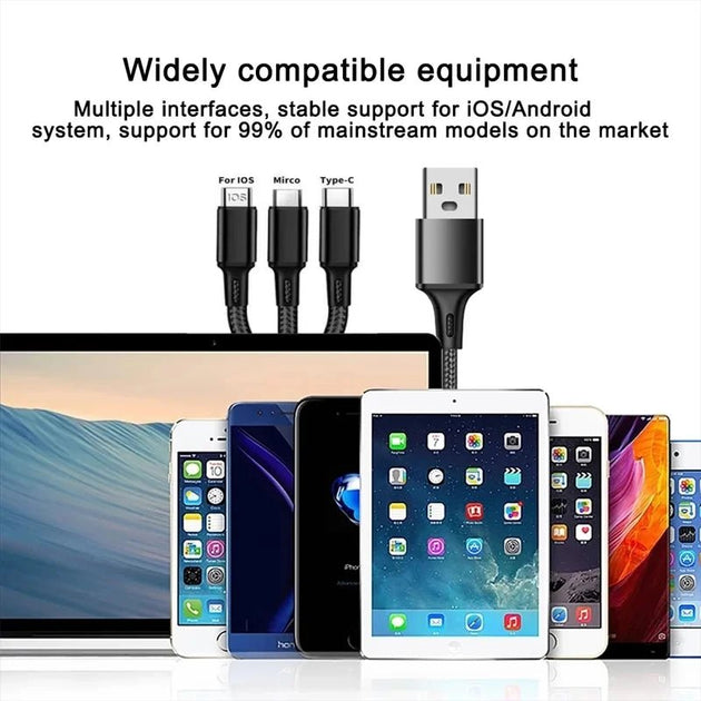 3 - in - 1 USB Fast Charging Cable Type - C, Micro, iOS Nylon Braided Cord for iPhone, Samsung, Huawei - Sales Gear Tech