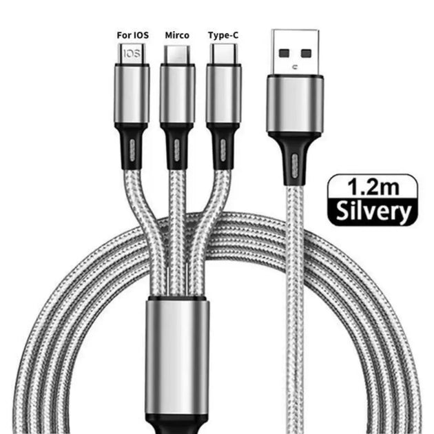 3 - in - 1 USB Fast Charging Cable Type - C, Micro, iOS Nylon Braided Cord for iPhone, Samsung, Huawei - Sales Gear Tech