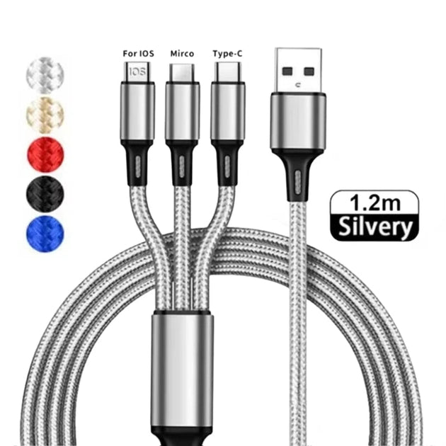 3 - in - 1 USB Fast Charging Cable Type - C, Micro, iOS Nylon Braided Cord for iPhone, Samsung, Huawei - Sales Gear Tech