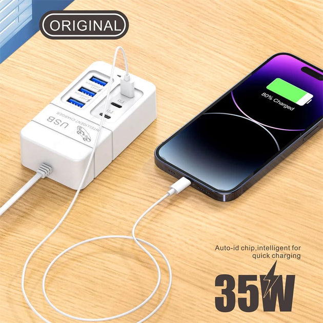 35W 6 - Port USB Fast Charger PD Type - C, Multiport Wall Adapter with EU/US Plug - Sales Gear Tech