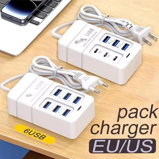 35W 6 - Port USB Fast Charger PD Type - C, Multiport Wall Adapter with EU/US Plug - Sales Gear Tech