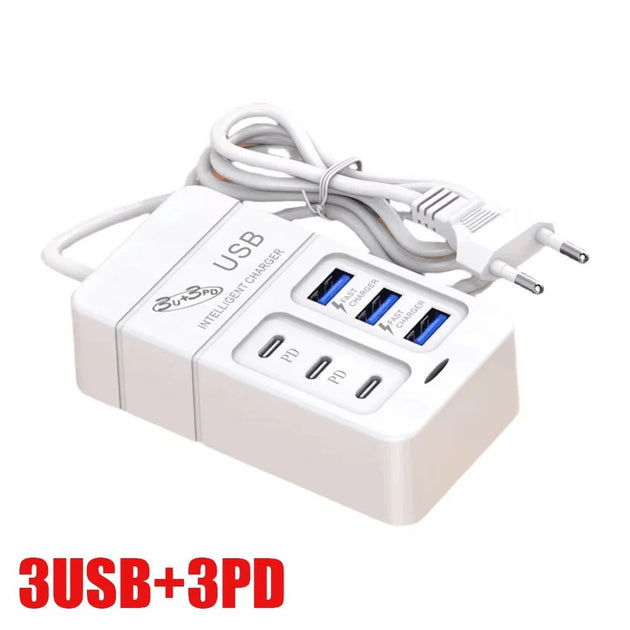 35W 6 - Port USB Fast Charger PD Type - C, Multiport Wall Adapter with EU/US Plug - Sales Gear Tech