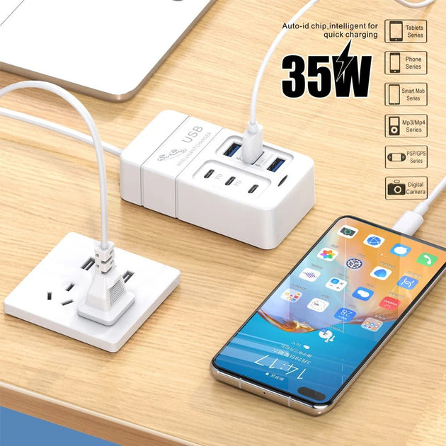 35W 6 - Port USB Fast Charger PD Type - C, Multiport Wall Adapter with EU/US Plug - Sales Gear Tech