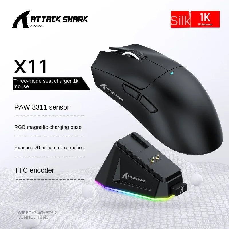 Attack Shark X11 Wireless Mouse 3 - Mode (2.4G/Wired/Bluetooth), 22000 DPI, RGB, Magnetic Charging Dock - Sales Gear Tech