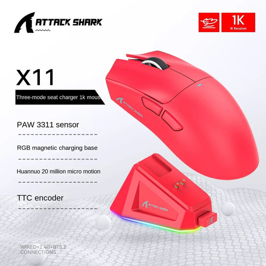 Attack Shark X11 Wireless Mouse 3 - Mode (2.4G/Wired/Bluetooth), 22000 DPI, RGB, Magnetic Charging Dock - Sales Gear Tech