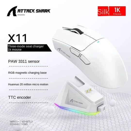 Attack Shark X11 Wireless Mouse 3 - Mode (2.4G/Wired/Bluetooth), 22000 DPI, RGB, Magnetic Charging Dock - Sales Gear Tech