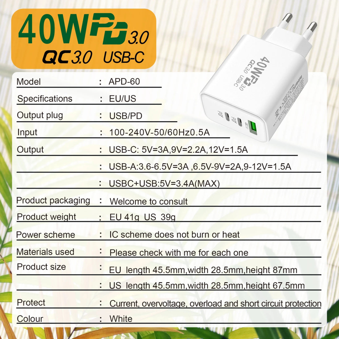PD 40W USB - C Fast Charger Quick Charge Wall Adapter for iPhone 16 Pro, Samsung, Xiaomi - Sales Gear Tech