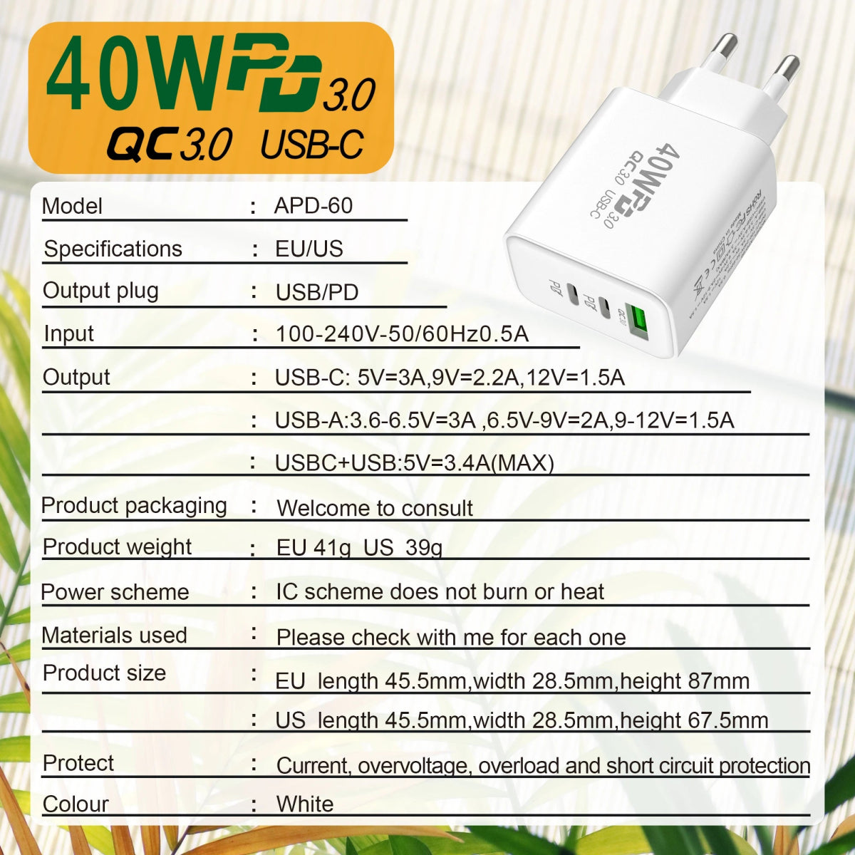 PD 40W USB - C Fast Charger Quick Charge Wall Adapter for iPhone 16 Pro, Samsung, Xiaomi - Sales Gear Tech