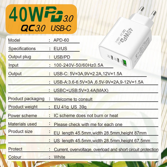 PD 40W USB - C Fast Charger Quick Charge Wall Adapter for iPhone 16 Pro, Samsung, Xiaomi - Sales Gear Tech